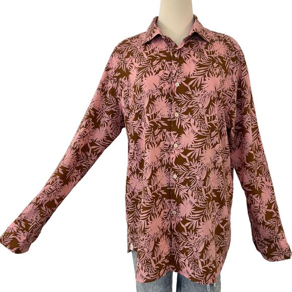Tintoria Mattei 954 Linen Men’s Shirt Button-Down Long Sleeve Pink Brown 44/17.5 - Picture 1 of 10